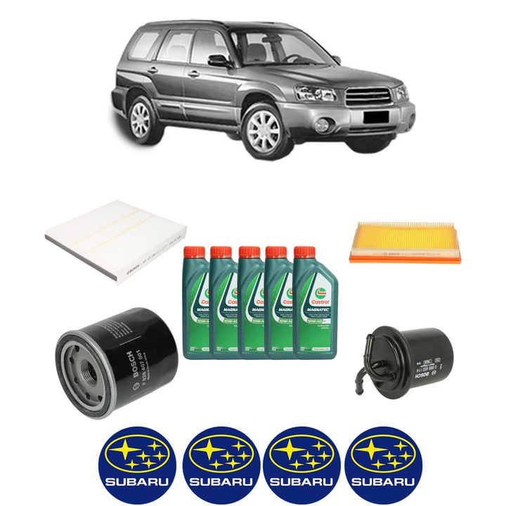 Pachet filtre revizie Bosch, 5 litrii ulei Castrol 10W40 SUBARU FORESTER (SG_) 2.0 X AWD (SG5) din 2005-2008, 4x Stickere auto cu SUBARU