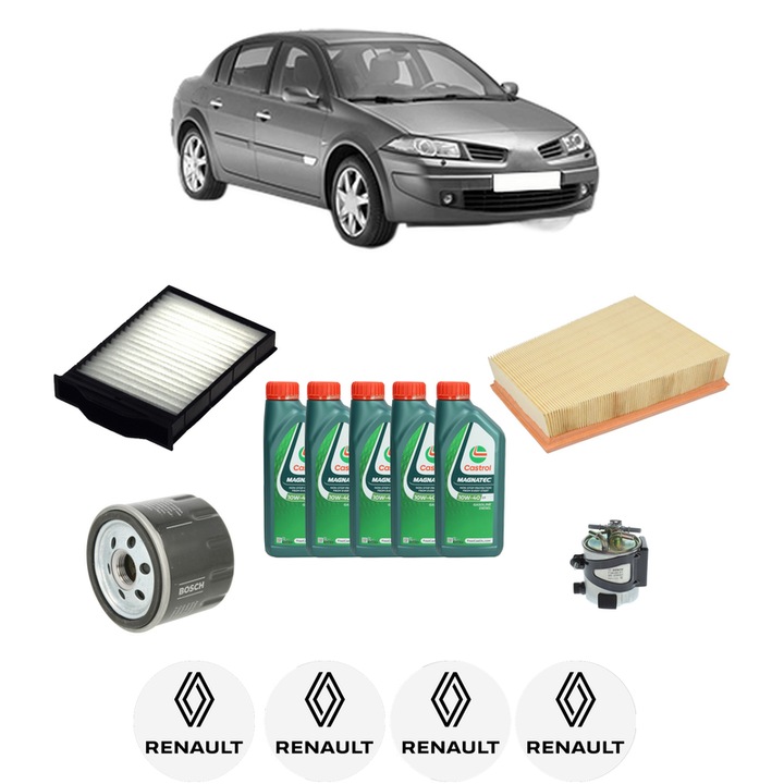 Pachet filtre revizie Bosch, 5 litrii ulei Castrol 10W40 RENAULT MEGANE II Saloon (LM0/1_) 1.5 dCi (LM1F) din 2005-2010, 4x Stickere auto cu RENAULT