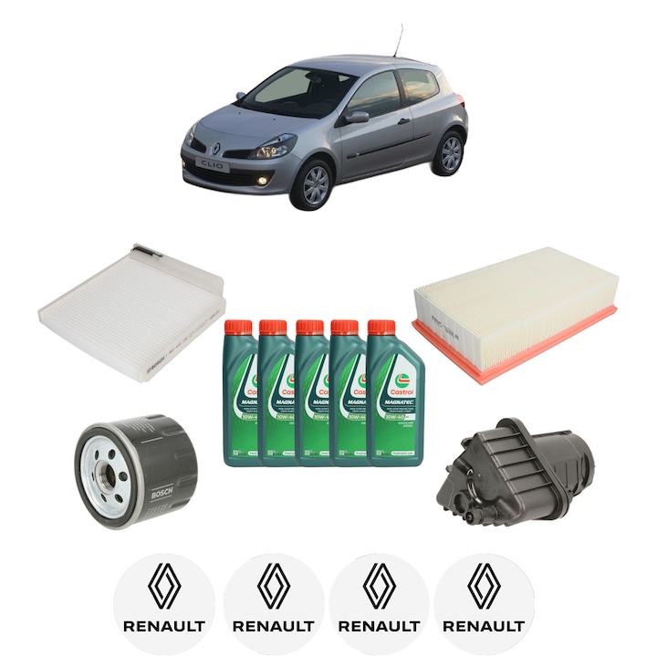 Pachet filtre revizie Bosch, 5 litri ulei Castrol 10W40 RENAULT CLIO III (BR0/1, CR0/1) 1.5 dCi (BR1C, CR1C) din 2005-2012, 4x Stickere auto cu RENAULT