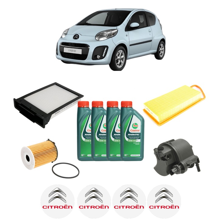 Pachet filtre revizie Bosch, 4 litrii ulei Castrol 10W40 CITROEN C1 (PM_, PN_) 1.4 HDi din 2005-2014, 4x Stickere auto cu CITROEN