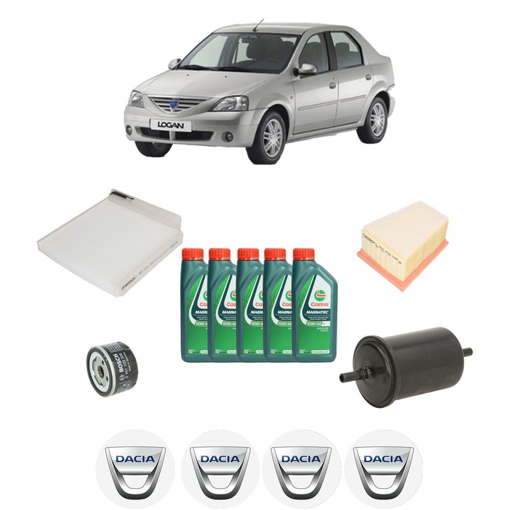 Pachet filtre revizie Bosch, 5 litrii ulei Castrol 10W40 DACIA LOGAN (LS_) 1.6 16V (LS09, LS0L, LS0M, LS0P, LS0V, LS18, LS1S, LS1V,... din 2006, 4x Stickere auto cu DACIA