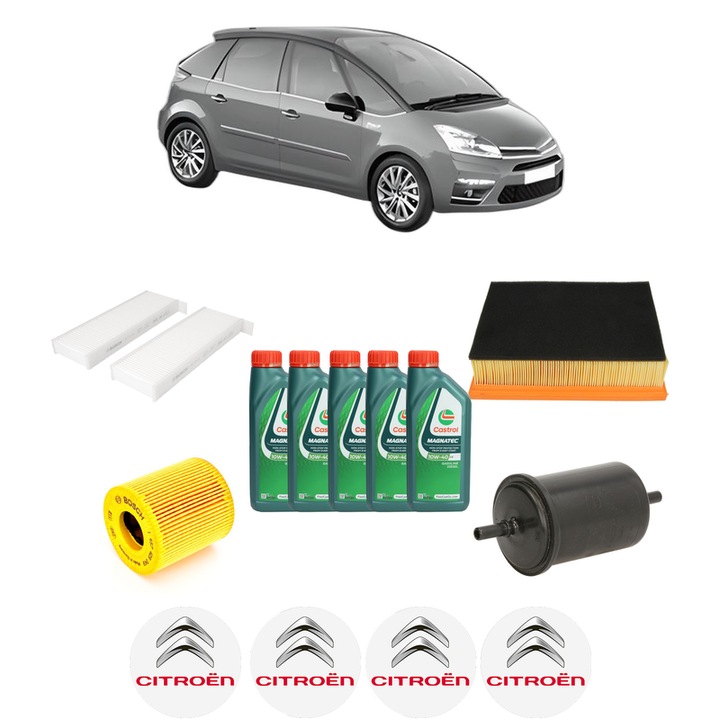 Pachet filtre revizie Bosch, 5 litrii ulei Castrol 10W40 CITROEN C4 PICASSO I MPV (UD_) 1.8 i 16V din 2007-2011, 4x Stickere auto cu CITROEN