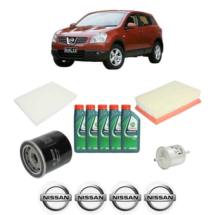 Pachet filtre revizie Bosch, 5 litrii ulei Castrol 10W40 NISSAN QASHQAI I (J10, NJ10) 1.6 din 2007-2013, 4x Stickere auto cu NISSAN