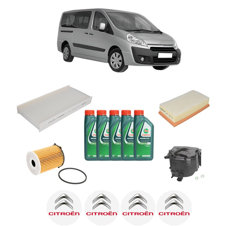 Pachet filtre revizie Bosch, 5 litri ulei Castrol 10W40 CITROEN JUMPY II (VF7) 1.6 HDi 90 16V din 2007-2016, 4x Stickere auto cu CITROEN