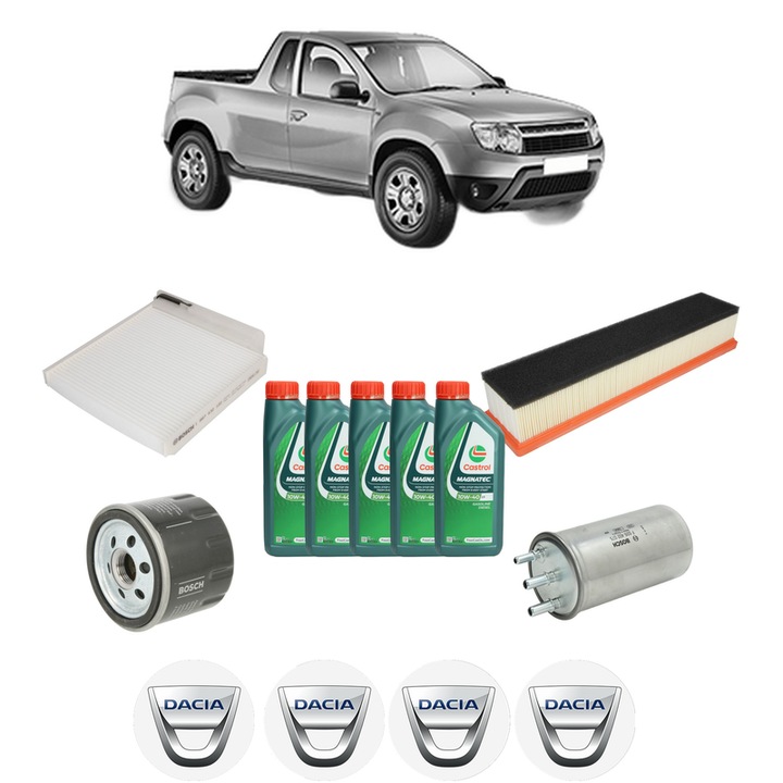 Pachet filtre revizie Bosch, 5 litrii ulei Castrol 10W40 DACIA LOGAN Pickup (US_) 1.5 dCi (US0K) din 2008, 4x Stickere auto cu DACIA