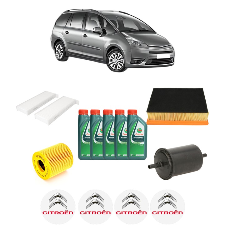 Pachet filtre revizie Bosch, 5 litrii ulei Castrol 10W40 CITROEN C4 GRAND PICASSO I (UA_) 1.8 i 16V din 2006-2010, 4x Stickere auto cu CITROEN