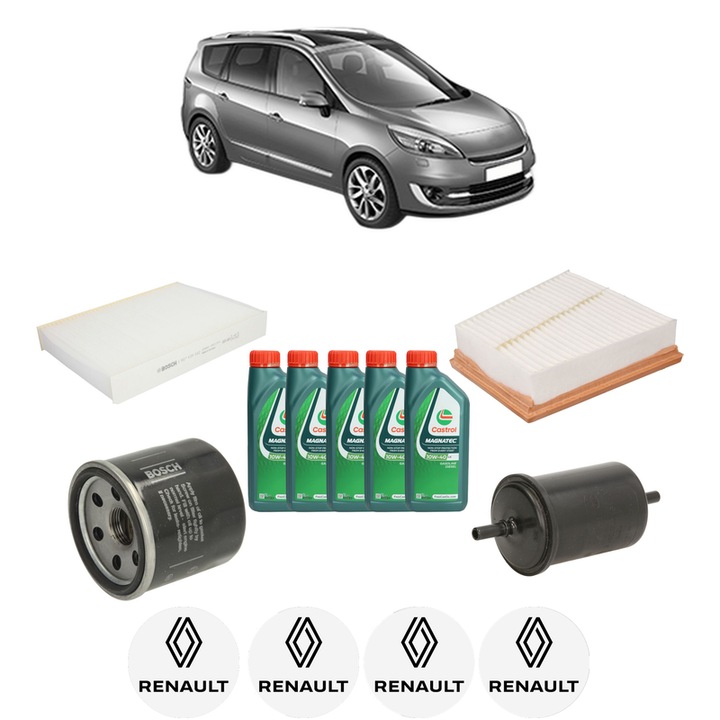 Pachet filtre revizie Bosch, 5 litrii ulei Castrol 10W40 RENAULT GRAND SCENIC III (JZ0/1_) 2.0 16V (JZ0G) din 2009-2016, 4x Stickere auto cu RENAULT