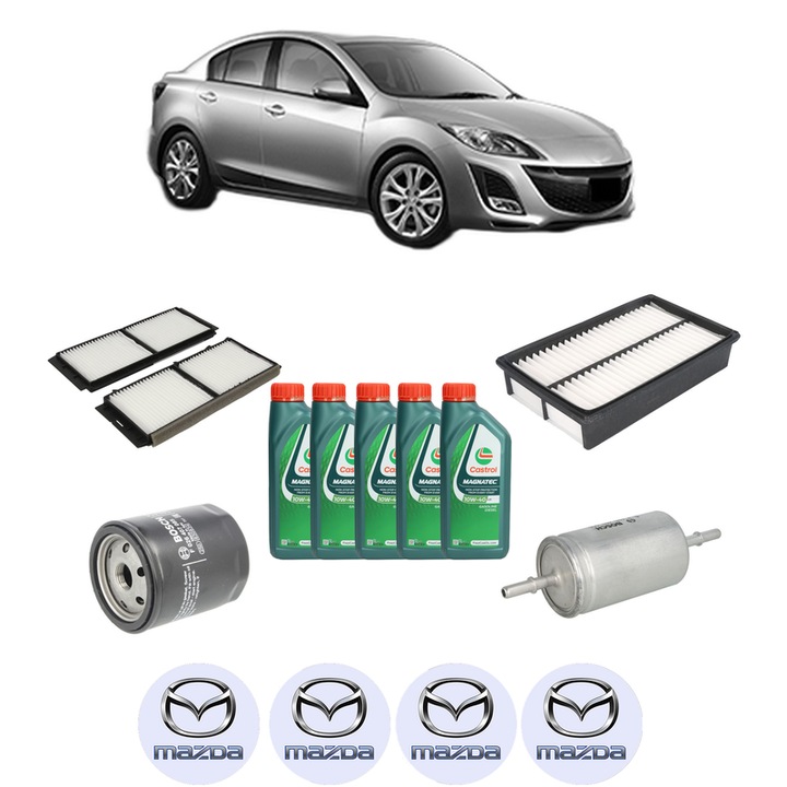 Pachet filtre revizie Bosch, 5 litrii ulei Castrol 10W40 MAZDA 3 Saloon (BL) 2.0 MZR (BL12, BLEFP) din 2009-2014, 4x Stickere auto cu MAZDA