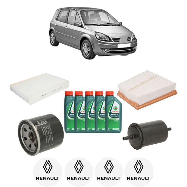 Pachet filtre revizie Bosch, 5 litrii ulei Castrol 10W40 RENAULT SCENIC III (JZ0/1_) 2.0 16V (JZ0G, JZ0P, JZ1E, JZ1P) din 2009-2016, 4x Stickere auto cu RENAULT