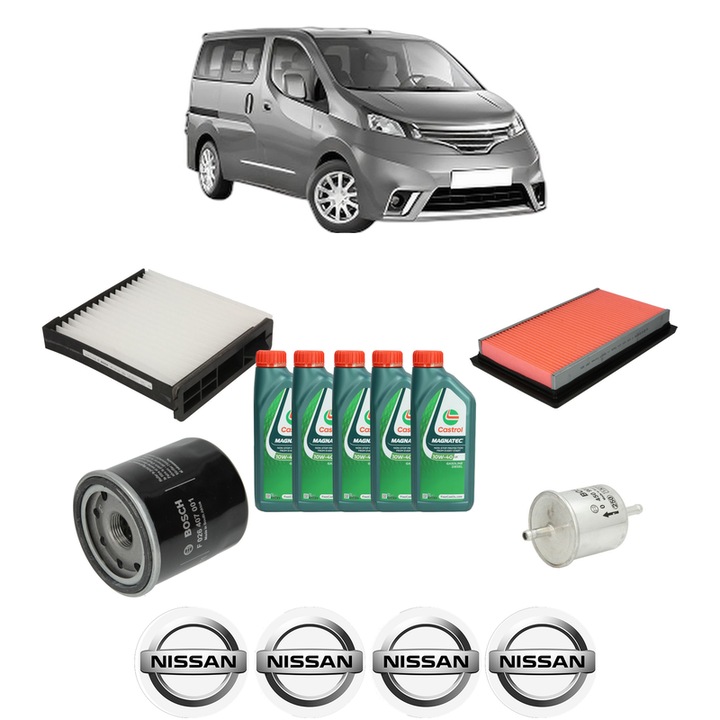 Pachet filtre revizie Bosch, 5 litrii ulei Castrol 10W40 NISSAN NV200 / EVALIA Bus 1.6 16V (M20, M20M) din 2010, 4x Stickere auto cu NISSAN