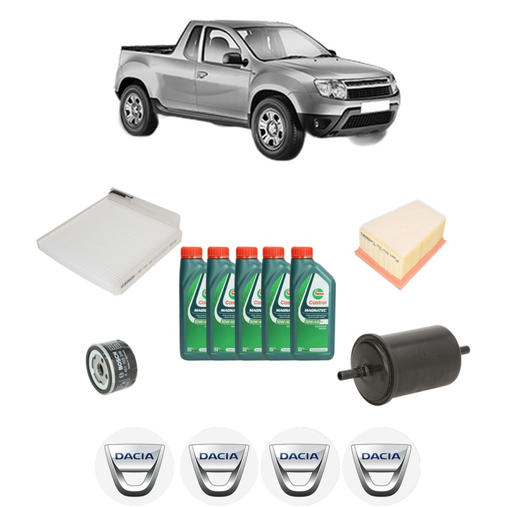 Pachet filtre revizie Bosch, 5 litrii ulei Castrol 10W40 DACIA LOGAN Pickup (US_) 1.6 16V (US1Y) din 2010-2013, 4x Stickere auto cu DACIA
