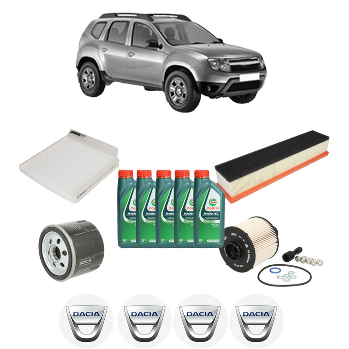Pachet filtre revizie Bosch, 5 litrii ulei Castrol 10W40 DACIA DUSTER (HS_) 1.5 dCi din 2010-2018, 4x Stickere auto cu DACIA