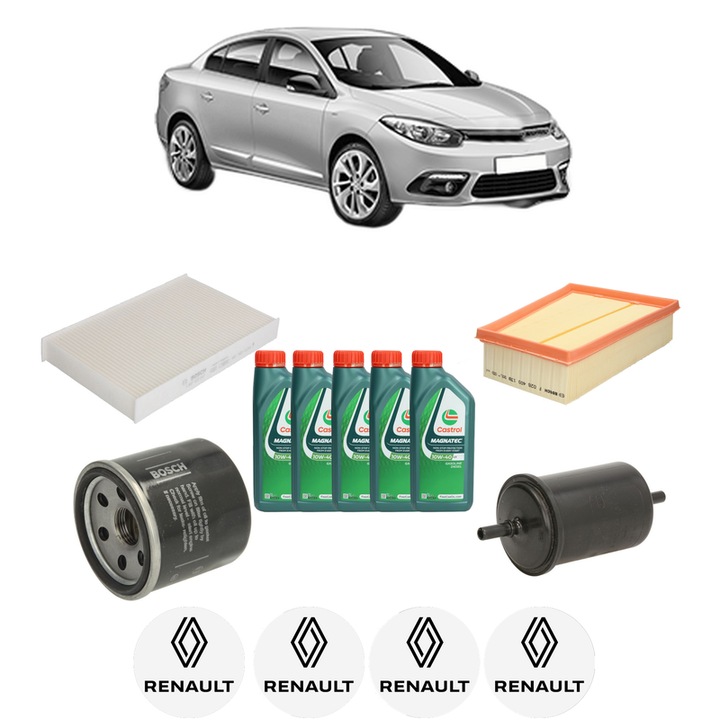 Pachet filtre revizie Bosch, 5 litrii ulei Castrol 10W40 RENAULT FLUENCE (L3_) 1.6 (L33T, L33J, L304, L305, L30H) din 2013, 4x Stickere auto cu RENAULT