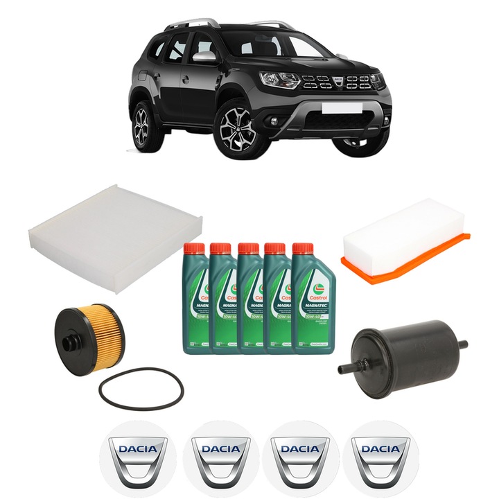 Pachet filtre revizie Bosch, 5 litrii ulei Castrol 10W40 DACIA DUSTER (HM_) 1.2 TCe 125 4x4 (HMMA) din 2017, 4x Stickere auto cu DACIA