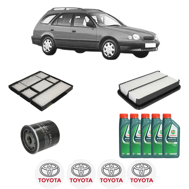 Pachet filtre revizie Bosch, 5 litrii ulei Castrol 10W40 TOYOTA COROLLA Estate (_E11_) 1.4 16V (ZZE111_, ZZE111R) din 2000-2001, 4x Stickere auto cu TOYOTA