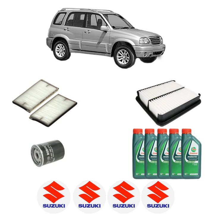 Pachet filtre revizie Bosch, 5 litrii ulei Castrol 10W40 SUZUKI GRAND VITARA I (FT, HT) 1.6 4x4 (SQ416) din 2000-2002, 4x Stickere auto cu SUZUKI
