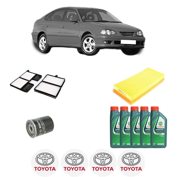Pachet filtre revizie Bosch, 5 litrii ulei Castrol 10W40 TOYOTA AVENSIS Liftback (_T22_) 2.0 VVT-i (AZT220_, AZT220R) din 2000-2003, 4x Stickere auto cu TOYOTA