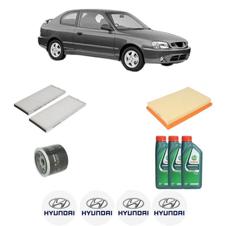 Pachet filtre revizie Bosch, 3 litrii ulei Castrol 10W40 HYUNDAI ACCENT II (LC) 1.5 din 2000-2003, 4x Stickere auto cu HYUNDAI