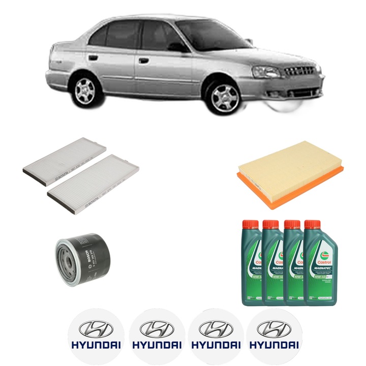 Pachet filtre revizie Bosch, 4 litrii ulei Castrol 10W40 HYUNDAI ACCENT II Saloon (LC) 1.5 din 2000-2005, 4x Stickere auto cu HYUNDAI