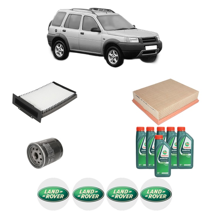 Pachet filtre revizie Bosch, 6 litrii ulei Castrol 10W40 LAND ROVER FREELANDER I (L314) 2.5 V6 4x4 din 2000-2006, 4x Stickere auto cu LAND ROVER