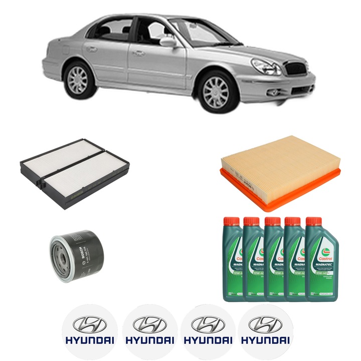 Pachet filtre revizie Bosch, 5 litrii ulei Castrol 10W40 HYUNDAI SONATA IV (EF) 2.7 V6 din 2001-2004, 4x Stickere auto cu HYUNDAI