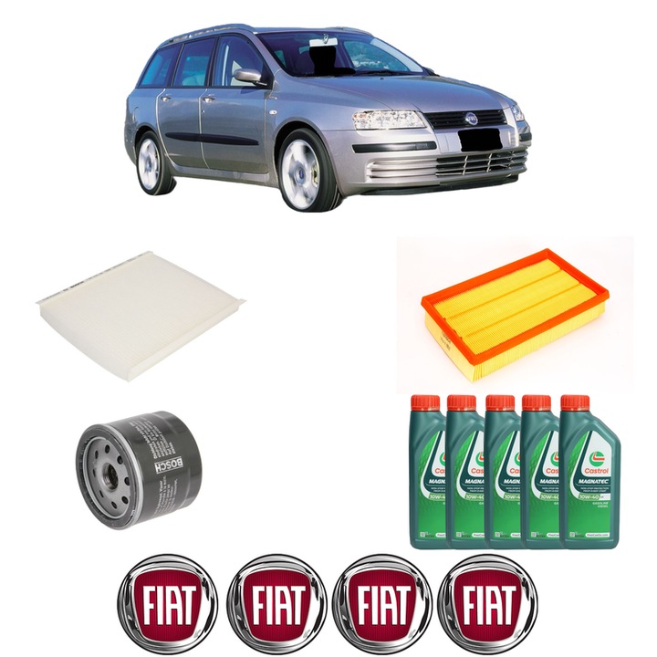 Pachet filtre revizie Bosch, 5 litrii ulei Castrol 10W40 FIAT STILO (192_) 2.4 20V (192_XD1A, 192AXD12) din 2001-2007, 4x Stickere auto cu FIAT