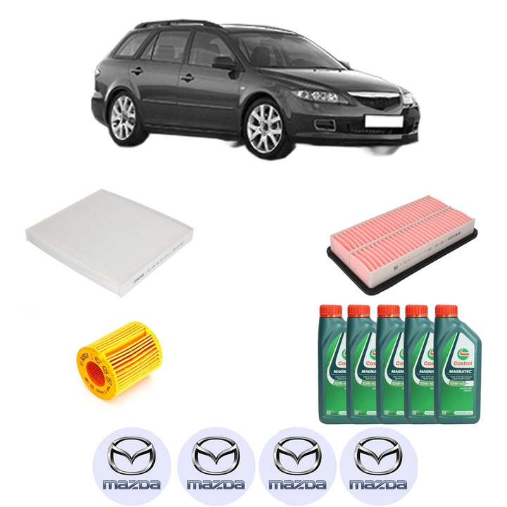 Pachet filtre revizie Bosch, 5 litrii ulei Castrol 10W40 MAZDA 6 Station Wagon (GY) 2.0 (GYEW) din 2005-2007, 4x Stickere auto cu MAZDA