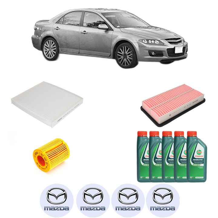 Pachet filtre revizie Bosch, 5 litrii ulei Castrol 10W40 MAZDA 6 Hatchback (GG) 1.8 din 2002-2007, 4x Stickere auto cu MAZDA