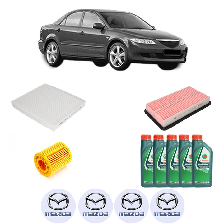 Pachet filtre revizie Bosch, 5 litrii ulei Castrol 10W40 MAZDA 6 Saloon (GG) 1.8 din 2002-2007, 4x Stickere auto cu MAZDA