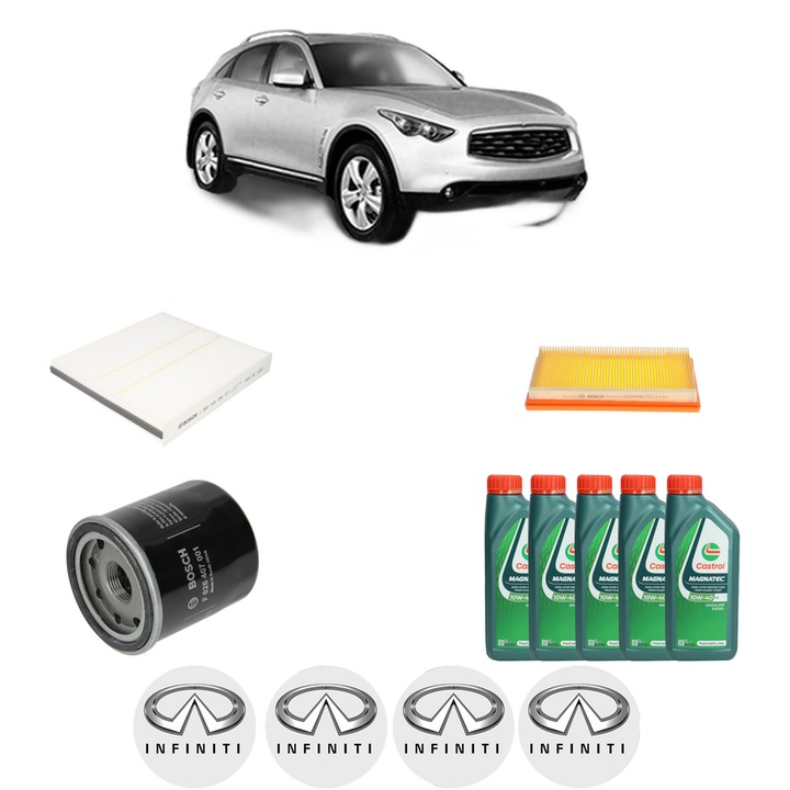 Pachet filtre revizie Bosch, 5 litrii ulei Castrol 10W40 INFINITI FX 35 din 2003-2008, 4x Stickere auto cu INFINITI