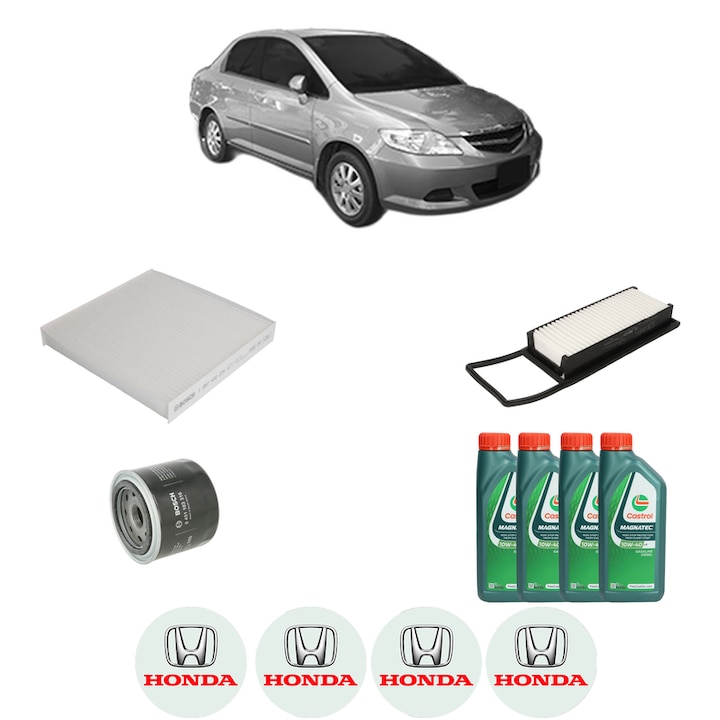 Pachet filtre revizie Bosch, 4 litrii ulei Castrol 10W40 HONDA CITY IV Saloon (GD_) 1.5 i-DSI (GD8) din 2004-2008, 4x Stickere auto cu HONDA