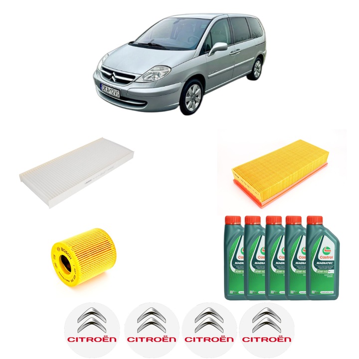 Pachet filtre revizie Bosch, 5 litrii ulei Castrol 10W40 CITROEN C8 Van (EA_, EB_) 2.0 (EBRFJC) din 2004-2011, 4x Stickere auto cu CITROEN