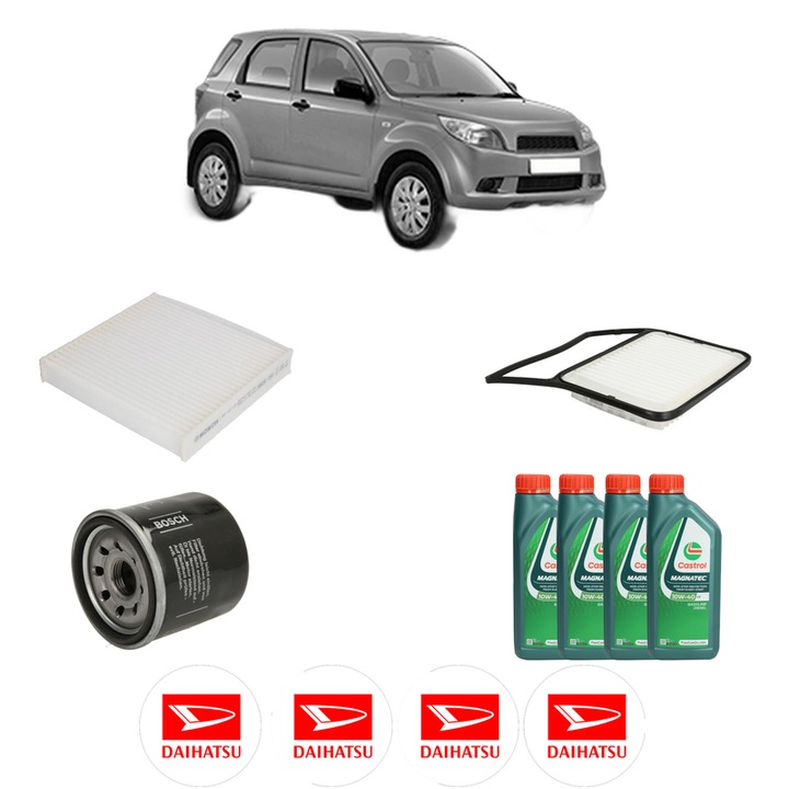 Pachet filtre revizie Bosch, 4 litrii ulei Castrol 10W40 DAIHATSU TERIOS (J2_, F7__) 1.5 VVT-i RWD din 2005, 4x Stickere auto cu DAIHATSU