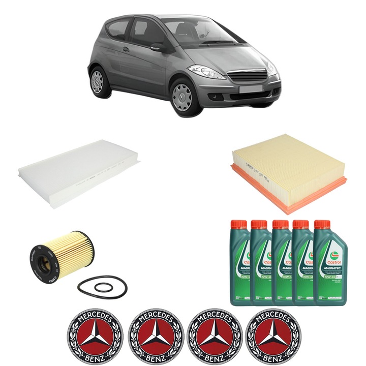 Pachet filtre revizie Bosch, 5 litri ulei Castrol 10W40 MERCEDES-BENZ A-CLASS (W169) A 200 TURBO (169.034, 169.334) din 2005-2012, 4x Stickere auto cu MERCEDES-BENZ