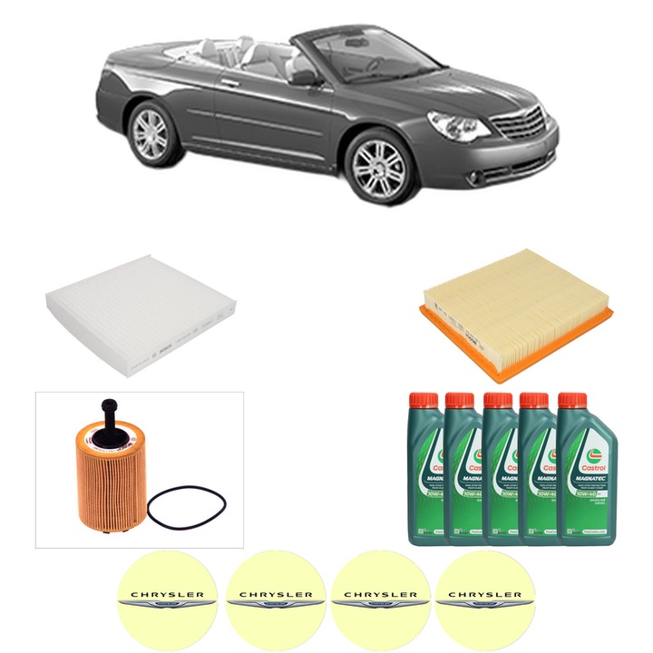 Pachet filtre revizie Bosch, 5 litrii ulei Castrol 10W40 CHRYSLER SEBRING Convertible (JS) 2.0 CRD din 2007-2010, 4x Stickere auto cu CHRYSLER