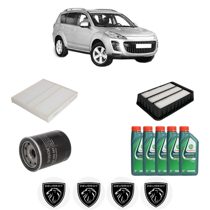 Pachet filtre revizie Bosch, 5 litrii ulei Castrol 10W40 PEUGEOT 4007 (VU_, VV_) 2.4 16V din 2007-2013, 4x Stickere auto cu PEUGEOT