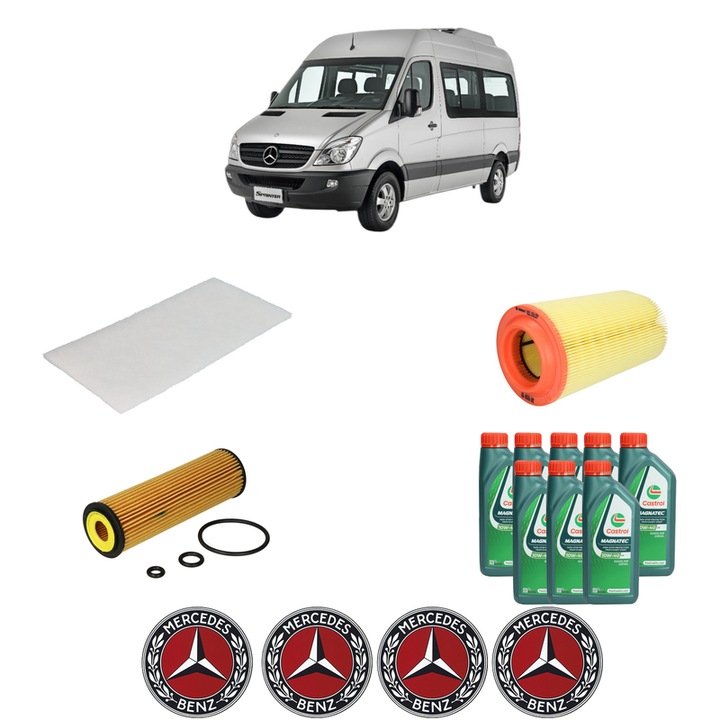 Pachet filtre revizie Bosch, 8 litrii ulei Castrol 10W40 MERCEDES-BENZ SPRINTER 3, 5-t Bus (B906) 316 (906.733, 906.735) din 2008-2018, 4x Stickere auto cu MERCEDES-BENZ