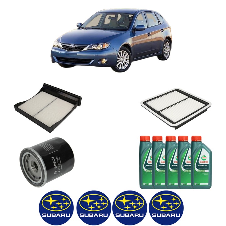 Pachet filtre revizie Bosch, 5 litrii ulei Castrol 10W40 SUBARU IMPREZA Hatchback (GR, GH, G3) 2.0 R BiFuel AWD din 2009-2012, 4x Stickere auto cu SUBARU