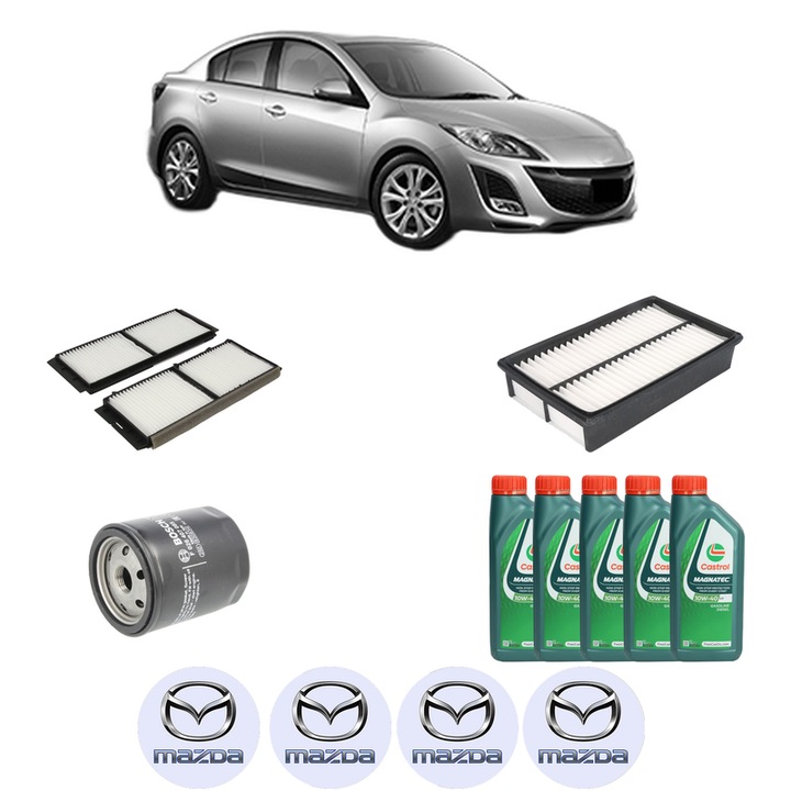 Pachet filtre revizie Bosch, 5 litrii ulei Castrol 10W40 MAZDA 3 Saloon (BL) 2.0 MZR DISI (BL12) din 2009-2013, 4x Stickere auto cu MAZDA