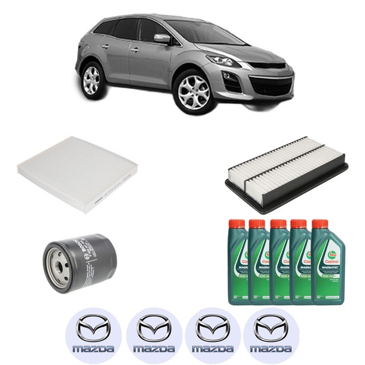 Pachet filtre revizie Bosch, 5 litri ulei Castrol 10W40 MAZDA CX-7 (ER) 2.5 MZR (ER10L) din 2009-2013, 4x Stickere auto cu MAZDA
