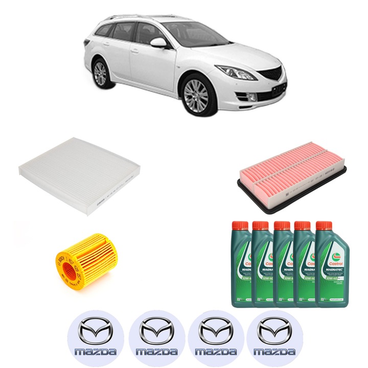 Pachet filtre revizie Bosch, 5 litrii ulei Castrol 10W40 MAZDA 6 Estate (GH) 2.0 MZR (GHEFW, GH10F) din 2007-2013, 4x Stickere auto cu MAZDA