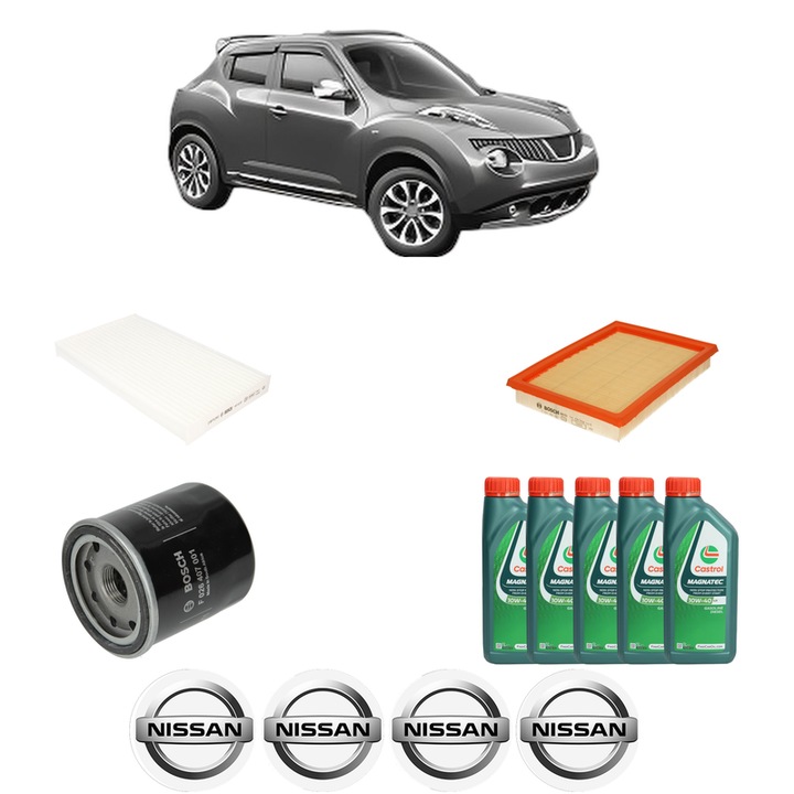 Pachet filtre revizie Bosch, 5 litrii ulei Castrol 10W40 NISSAN JUKE (F15) 1.6 din 2010-2019, 4x Stickere auto cu NISSAN