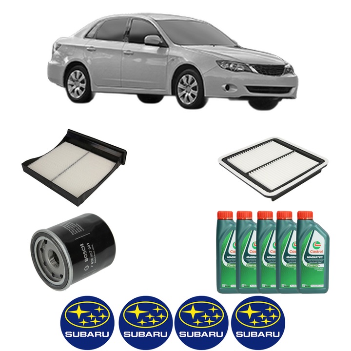 Pachet filtre revizie Bosch, 5 litrii ulei Castrol 10W40 SUBARU IMPREZA Saloon (GE, GV) 2.0 i AWD (GE7) din 2011, 4x Stickere auto cu SUBARU