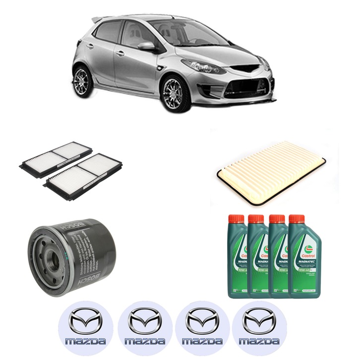 Pachet filtre revizie Bosch, 4 litrii ulei Castrol 10W40 MAZDA 2 (DE_, DH_) 1.5 MZR (DE5FS) din 2011-2015, 4x Stickere auto cu MAZDA