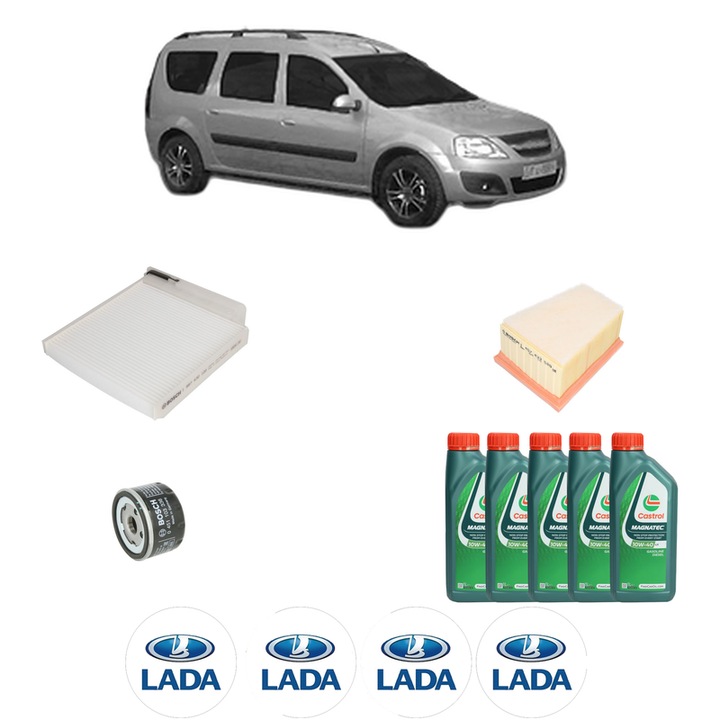 Pachet filtre revizie Bosch, 5 litrii ulei Castrol 10W40 LADA LARGUS (KS0_, RS0_, KSA_) 1.6 (KS0Y5, RS0Y5) din 2012, 4x Stickere auto cu LADA