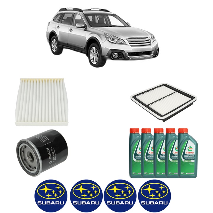 Pachet filtre revizie Bosch, 5 litrii ulei Castrol 10W40 SUBARU OUTBACK (BR) 2.5 i AWD din 2012, 4x Stickere auto cu SUBARU