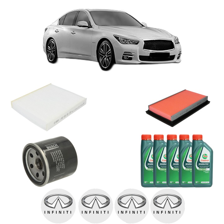 Pachet filtre revizie Bosch, 5 litrii ulei Castrol 10W40 INFINITI Q50 50 Hybrid din 2013, 4x Stickere auto cu INFINITI