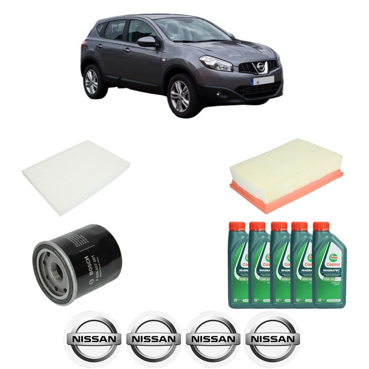 Pachet filtre revizie Bosch, 5 litri ulei Castrol 10W40 NISSAN QASHQAI I VAN (J10) 2.0 All-wheel Drive din 2013-2014, 4x Stickere auto cu NISSAN