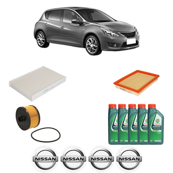 Pachet filtre revizie Bosch, 5 litrii ulei Castrol 10W40 NISSAN PULSAR Hatchback (C13) 1.2 DIG-T din 2014, 4x Stickere auto cu NISSAN