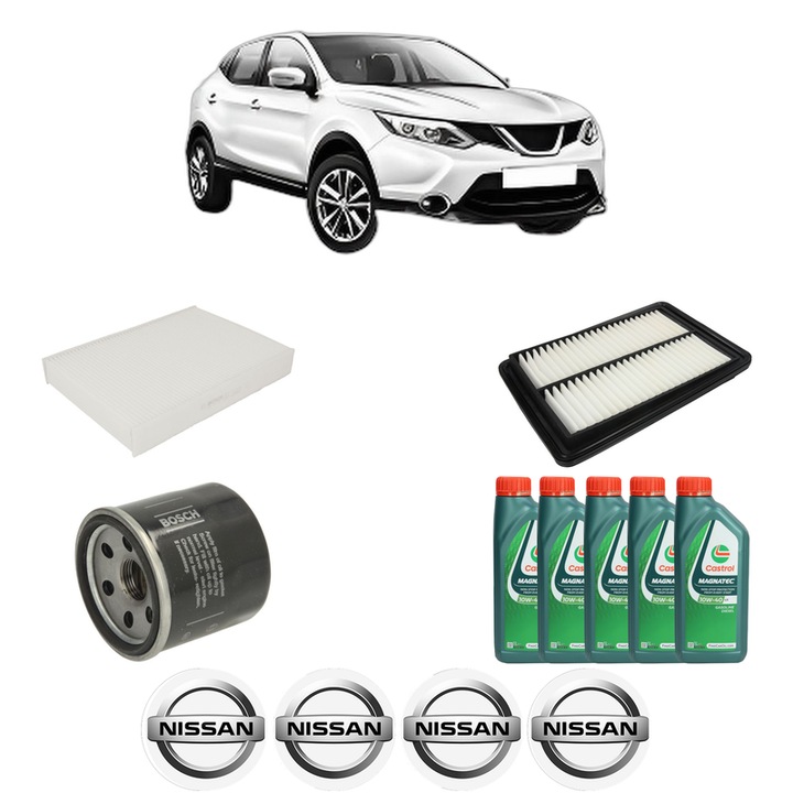 Pachet filtre revizie Bosch, 5 litrii ulei Castrol 10W40 NISSAN QASHQAI II (J11, J11_) 1.6 DIG-T din 2014, 4x Stickere auto cu NISSAN